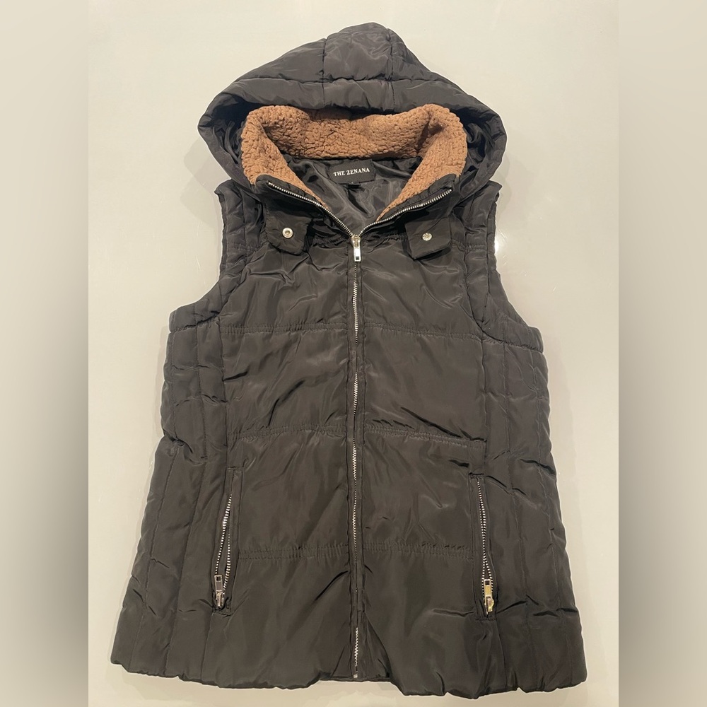 Black Hooded Puffer Vest with Brown Lining